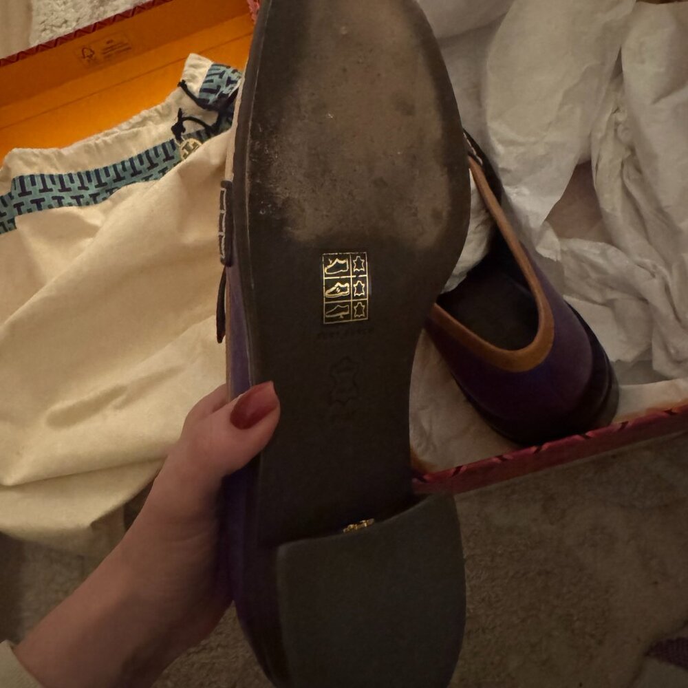 TORY BURCH 70s Square Toe Loafer In Plum/deep Purple/tan Cuoio size 7.5 - Picture 8 of 10